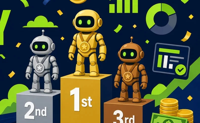 Robot mascots on a gold, silver and bronze podium